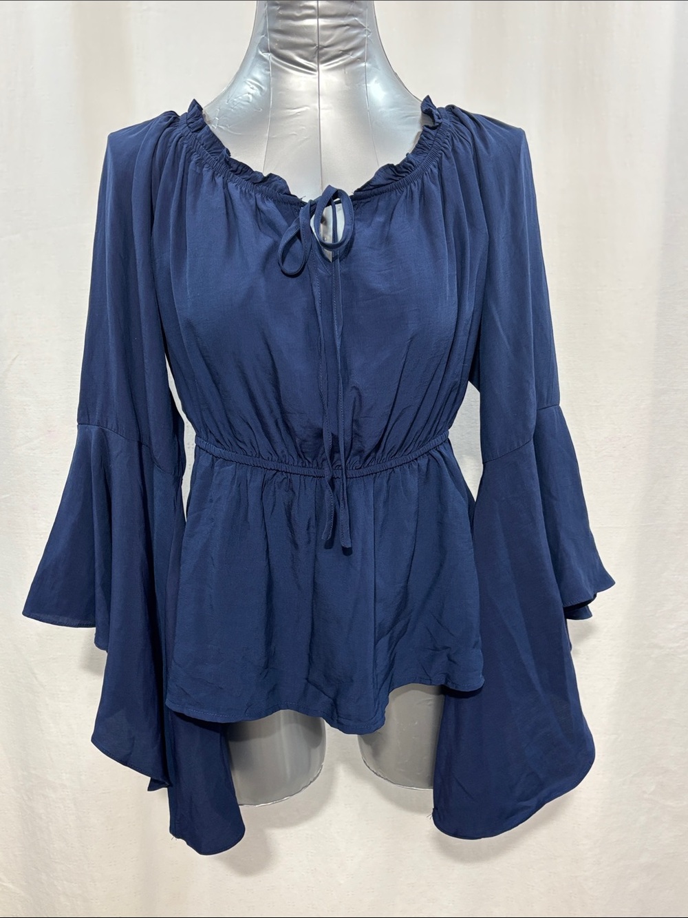 Navy Tie-Neck Peplum Peasant Blouse with Bell 181 Sleeves Renaissance mediaeval